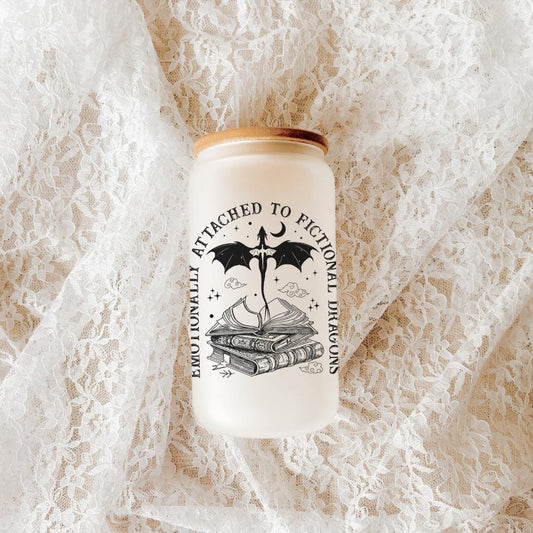 Emotionally Attached to Fictional Dragons Iced Coffee Glass, Book Lover Gift, Perfect for Readers and Coffee Drinkers