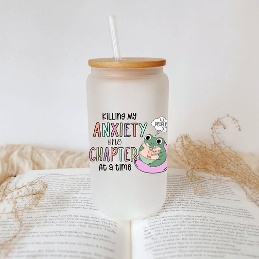 Killing My Anxiety Bookish Iced Coffee Glass, Perfect for Book Lovers, Cozy Book Gifts, Book Cup