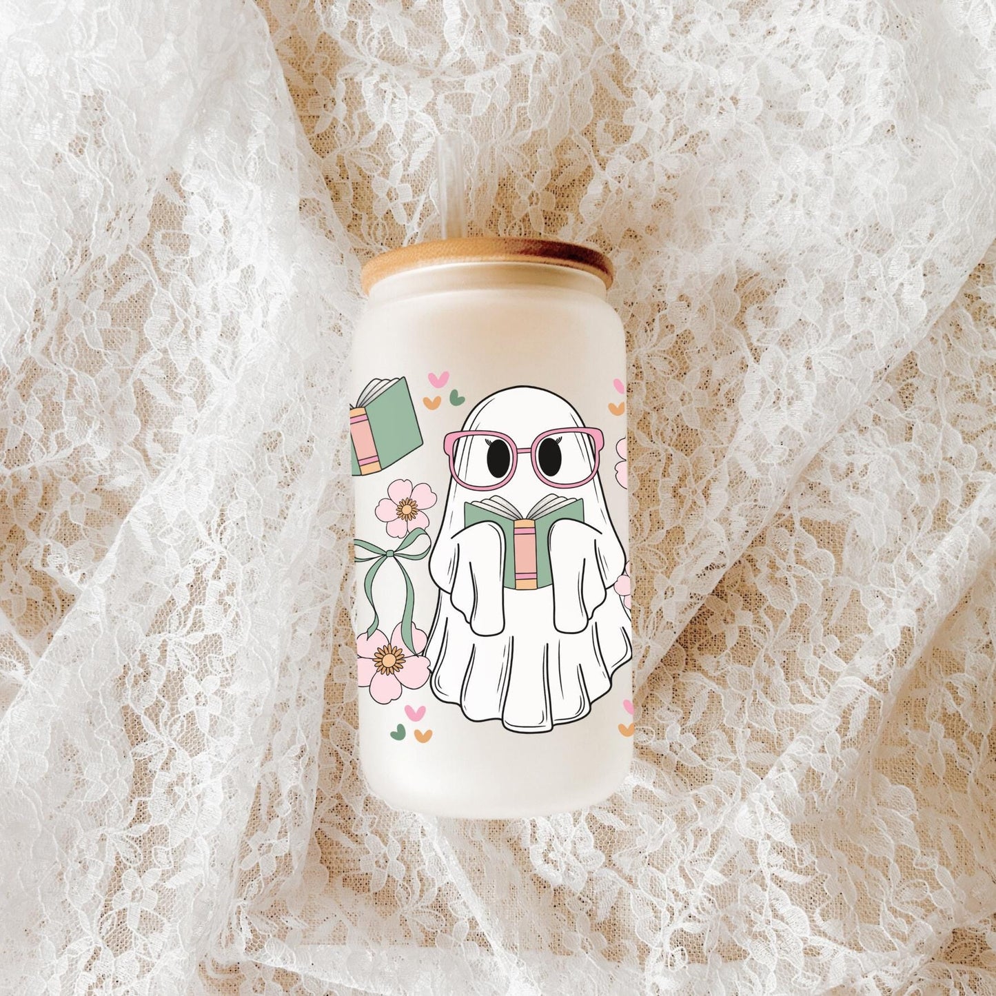 Cute Ghost Halloween Bookish Iced Coffee Glass, Perfect for Book Lovers, Cozy Book Gifts, Book Cup